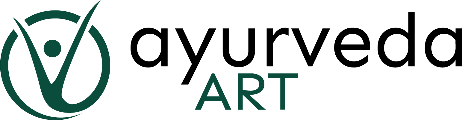 Ayurveda Art Logo mit Grafik: Menschenähnliche Zeichnung mit Kopf und hoch gestreckten Armen